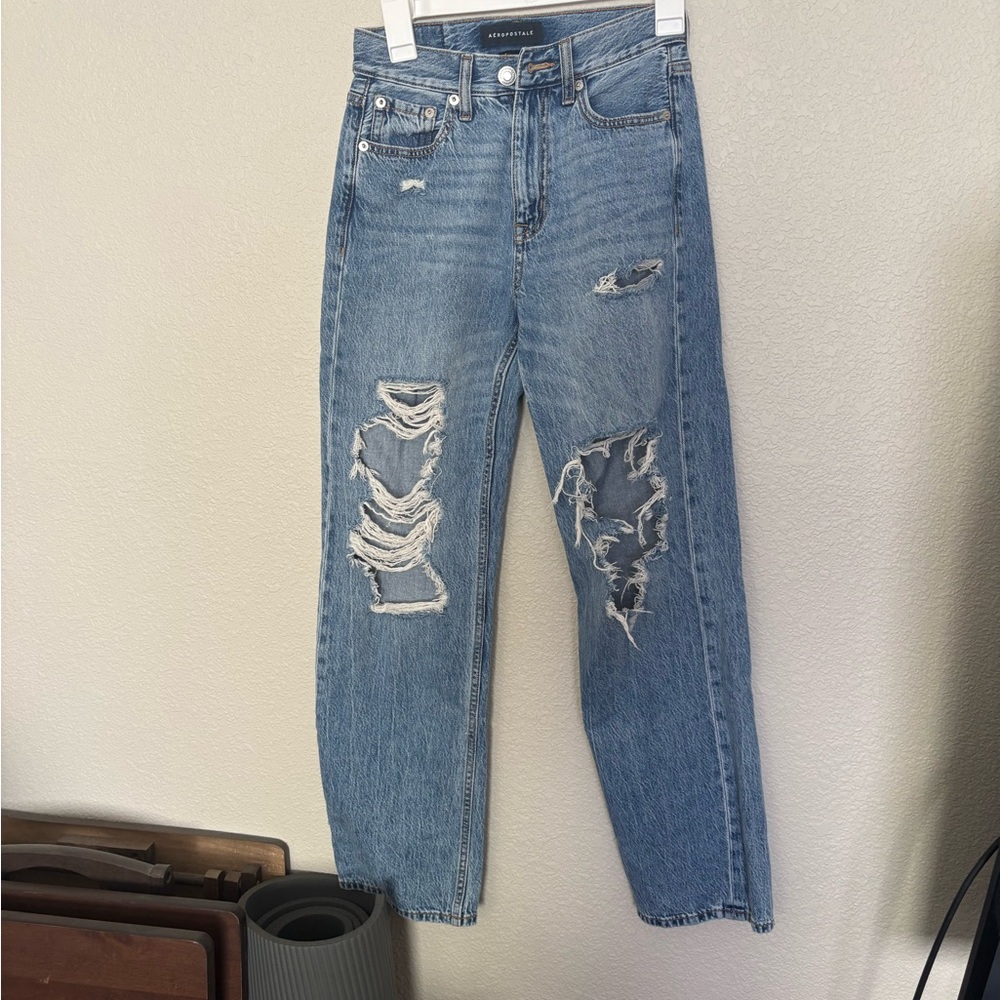 Aeropostale Distressed Light Blue Straight Leg Jeans